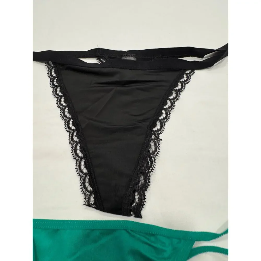 NWT Frederick's of Hollywood Thong String Panties 1X Black‎ Leopard Green LOT 3